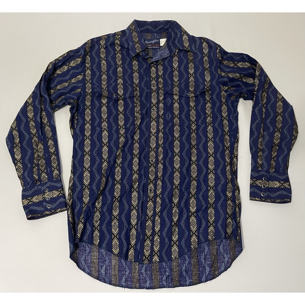 Vintage Wrangler Shirt Mens Sz 15 X Long Tail Blue Southwestern Aztec Pearl Snap